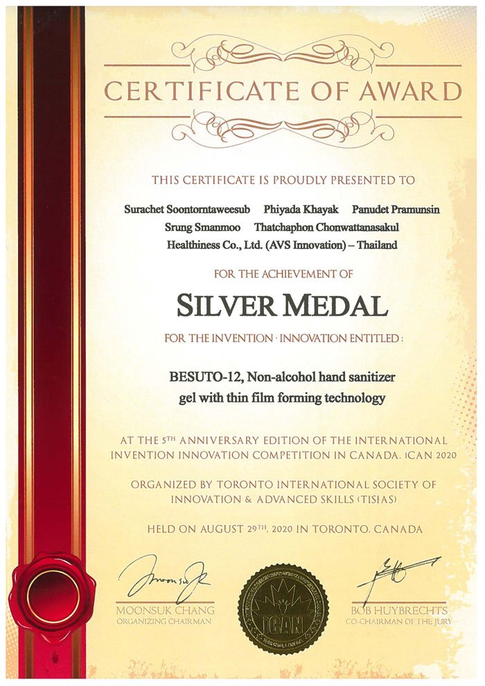 Silver Medal for the Invention Innovation Entitled: BESUTO-12, Non-alcohol hand sanitizer gel with thin film forming technology.